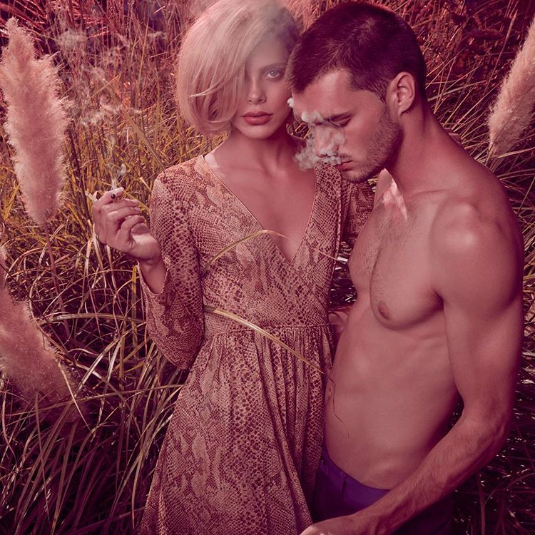 Blonde Woman, Man with shirt off, smoking joint