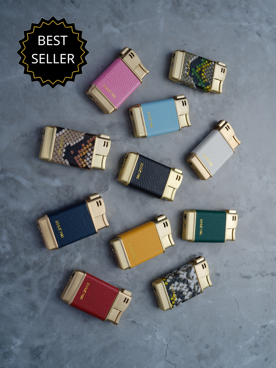Collection of refillable butane lighters in vegan lizard skin and vegan snake skin