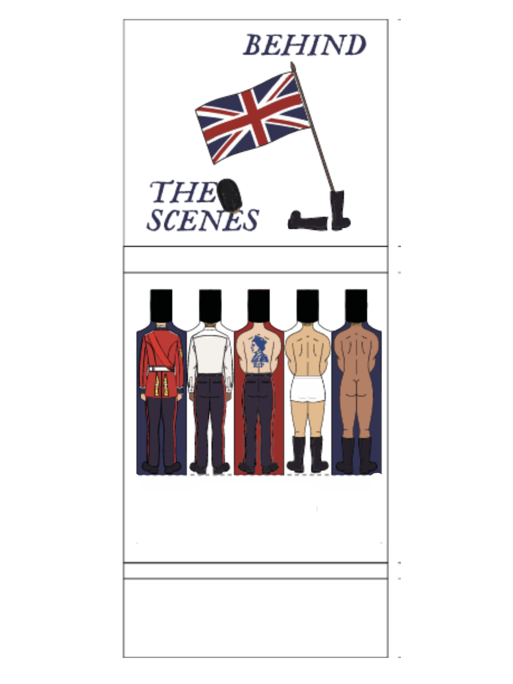Mock Up of our newest Behind The Scenes Safety Matches. The print is of uniformed figures with a British flag, labeled 'Behind the Scenes'.