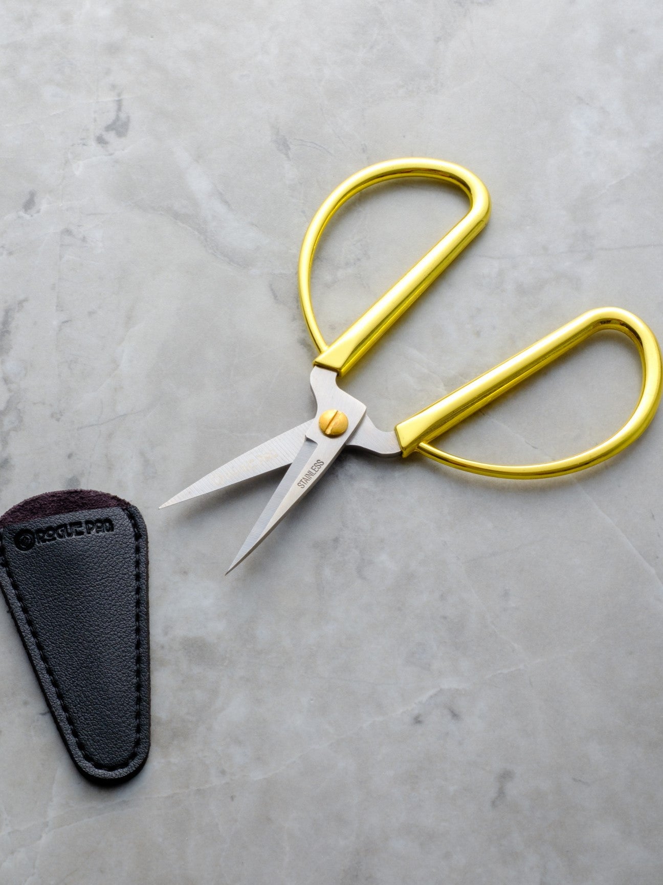 Rogue Paq stainless steel bonsai-style scissors with ergonomic handles; precise 5-inch mini style designed for trimming cannabis buds or indoor plants