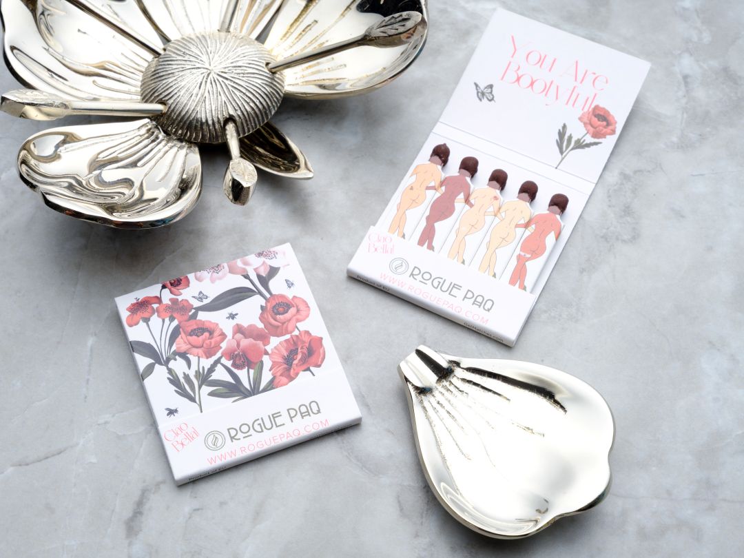 Poppy Ashtray in nickel-plated polished brass with luxury novelty matches featuring a matchbook with Poppy Flowers