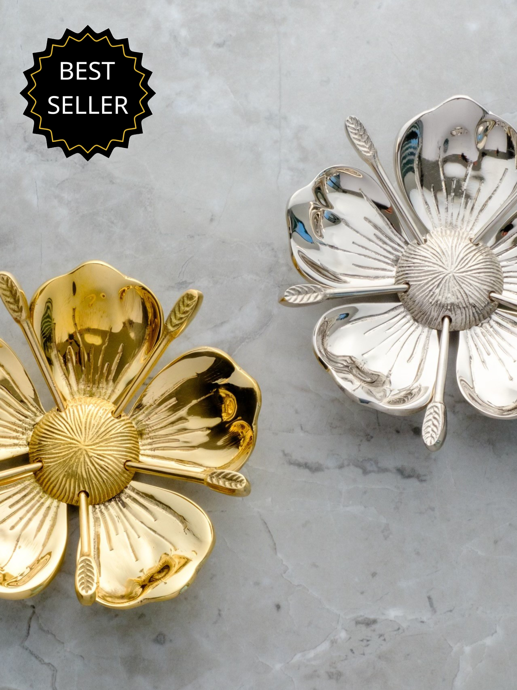 Poppy Party Ashtray in polished brass and nickel finishes; featuring five removable flower petals that serve as individual guest ashtrays for a social smoking ritual.