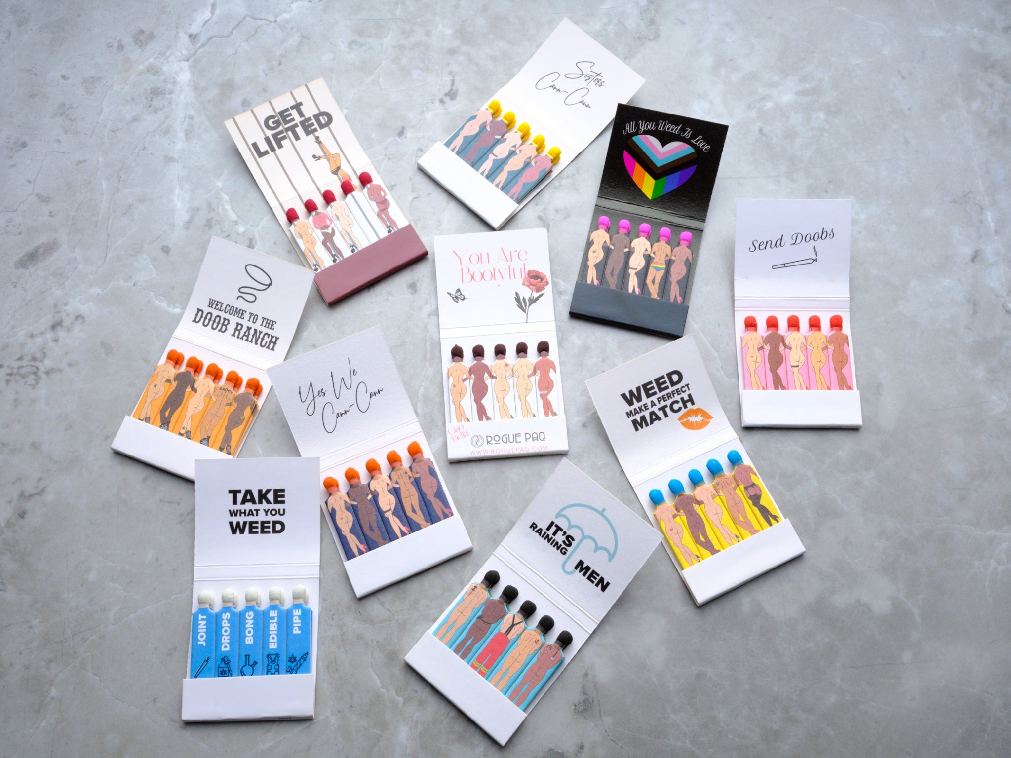 10 unique matchbook styles are included in the Ultimate Collectors' Bundle. 3 books are included per style. This bundles includes all 9 SendNudes styles as well as the Rogue Paq Take What You Weed Style.