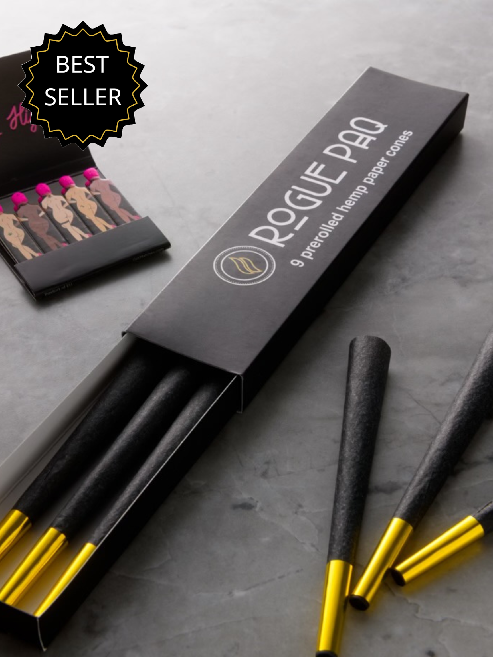 Pack of 9 Rogue Paq Pre-Rolled Hemp Paper Cones in signature black and gold; premium all-natural King Size cones nested in elegant packaging for a stylish smoking ritual.