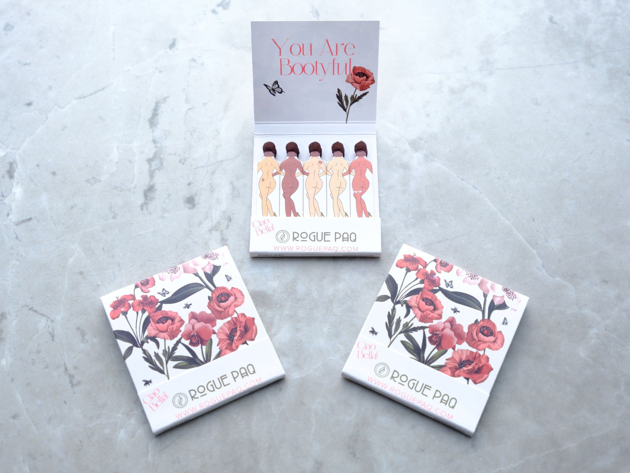 3 books of You Are Bootyful matches from the SendNudes collection of matchbooks. These safety matches are part of the Rogue Paq luxury cannabis accessories suite of tools.