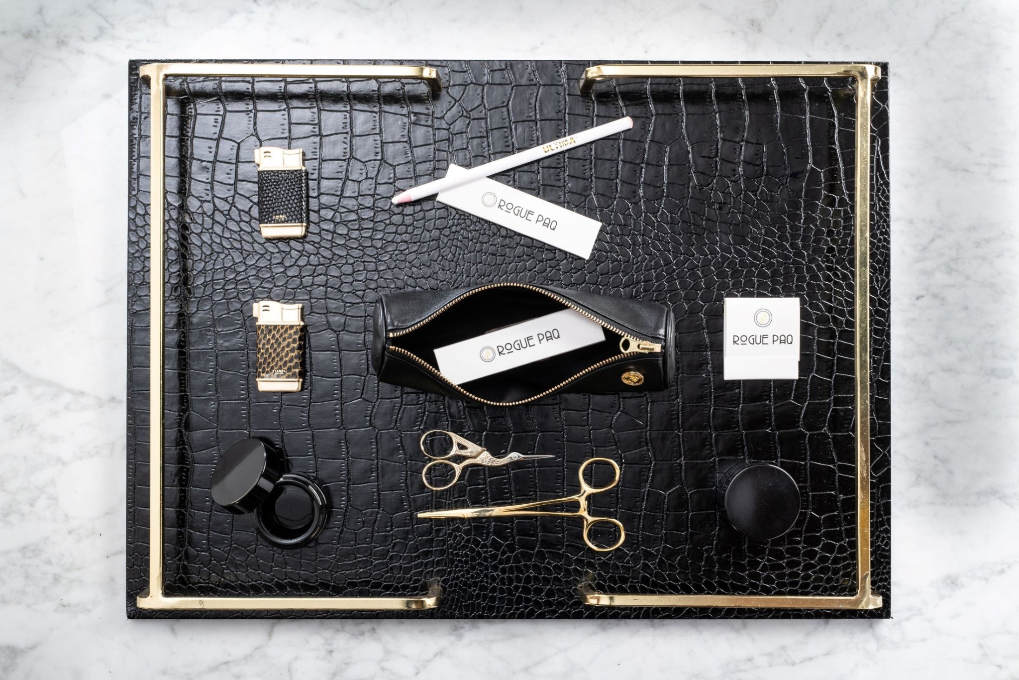 Complete Mini Ritual Gift Set laid out with Solo Paq case and gold accessories; the perfect starter kit for the refined cannabis enthusiast