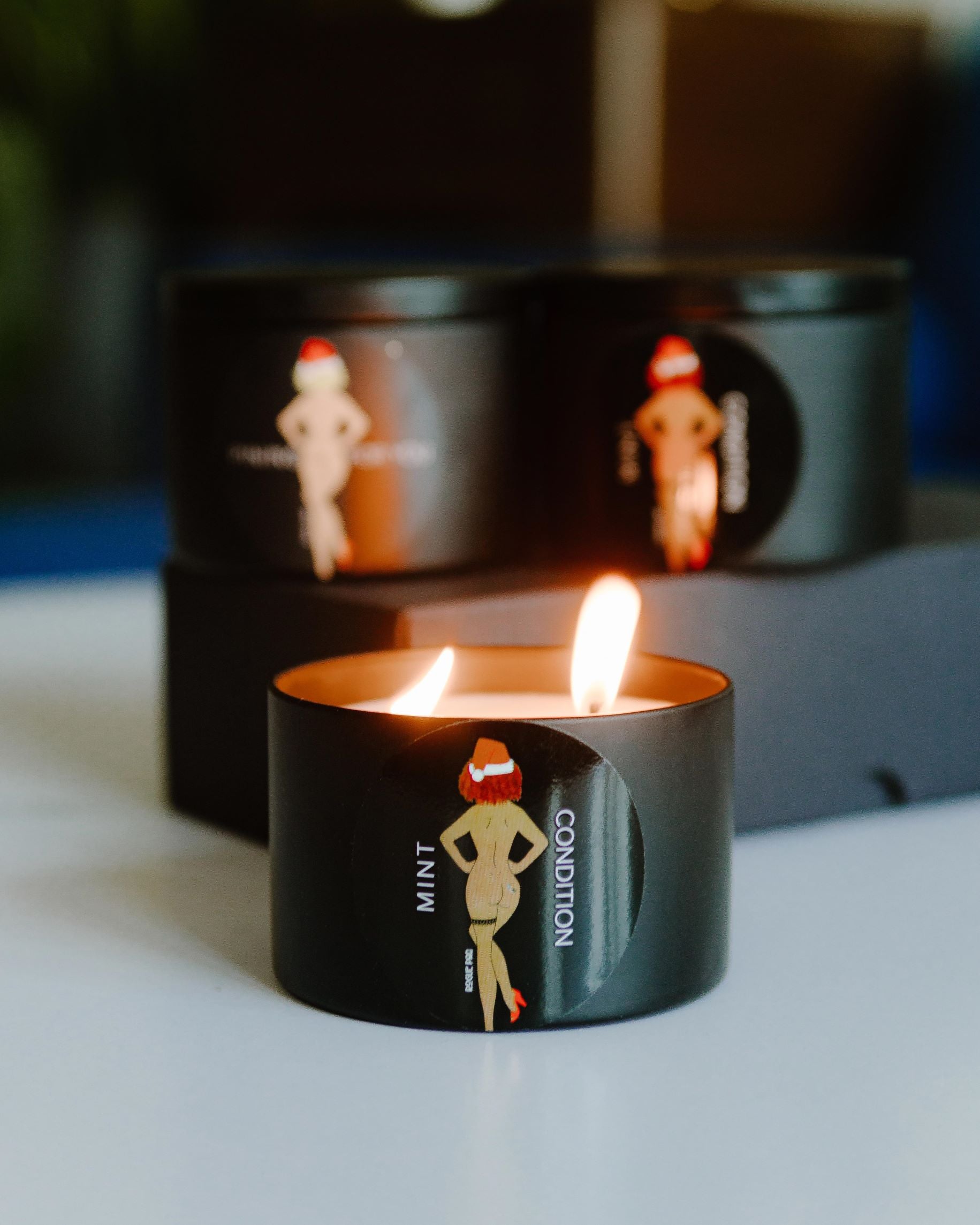 All-natural 8oz soy wax candles with essential oil notes of mint and citrus, hand-poured in the USA for a clean, non-toxic holiday fragrance. Mint Condition is meant to evoke candy canes.