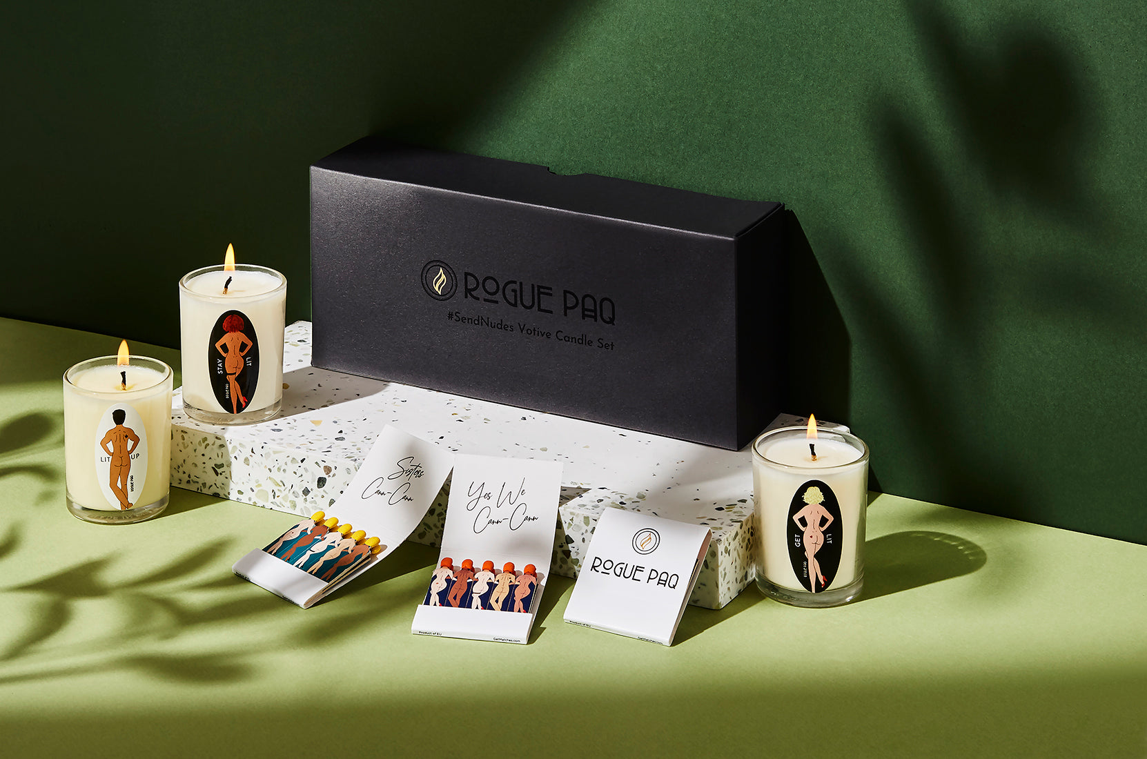 Rogue Paq Cann-Canndle Gift Set: 3 SendNudes Organic Hand Poured Massage Votives + 3 SendNudes Matchbooks