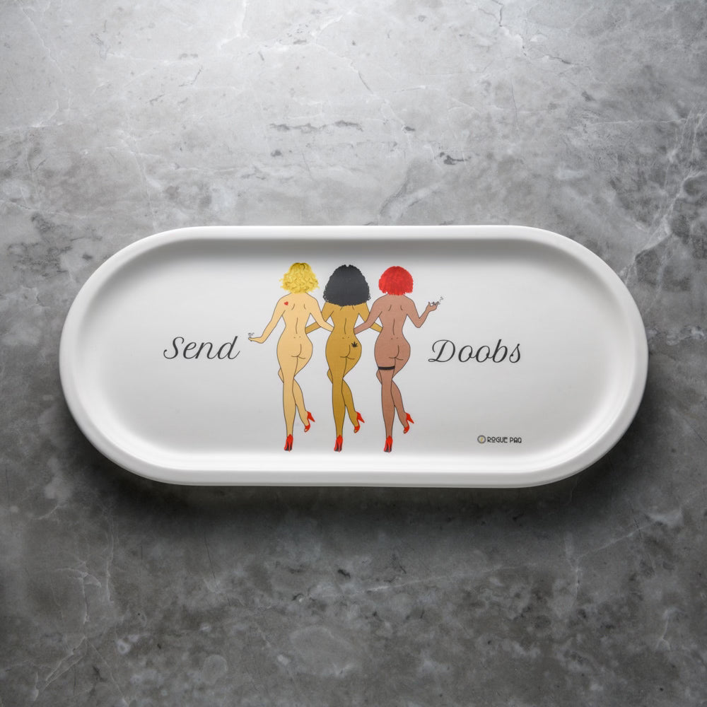 Close-up detail of the whimsical 'Send Doobs' illustration on fine white porcelain; fusing retro aesthetics with modern cannabis culture for a unique coffee table statement piece