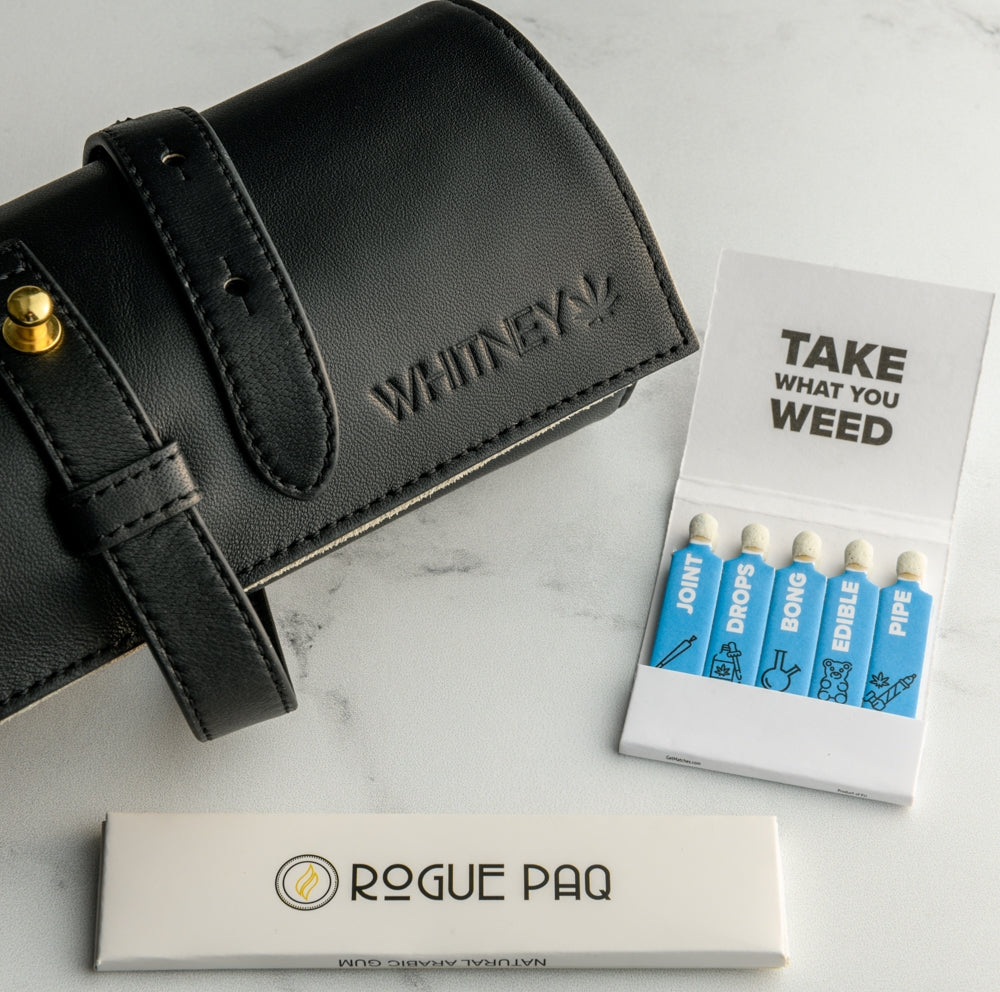 Open matchbook displaying individually printed stems, each offering a different cannabis ritual affirmation or intention to 'take' before you light up. Styled with the Rogue Paq lambskin Ritual Case and all natural hemp rolling papers.