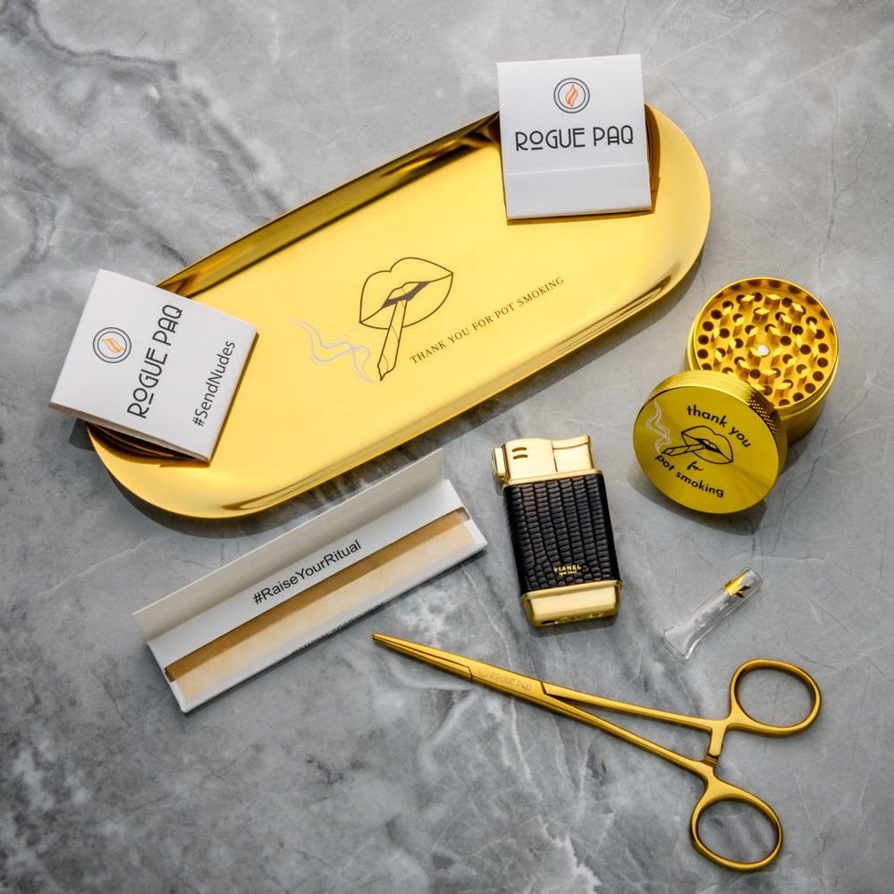 Rogue Paq Thank You for Pot Smoking Gift Set featuring a gold-tone stainless steel rolling tray and matching grinder; a complete vintage-inspired cannabis ritual kit