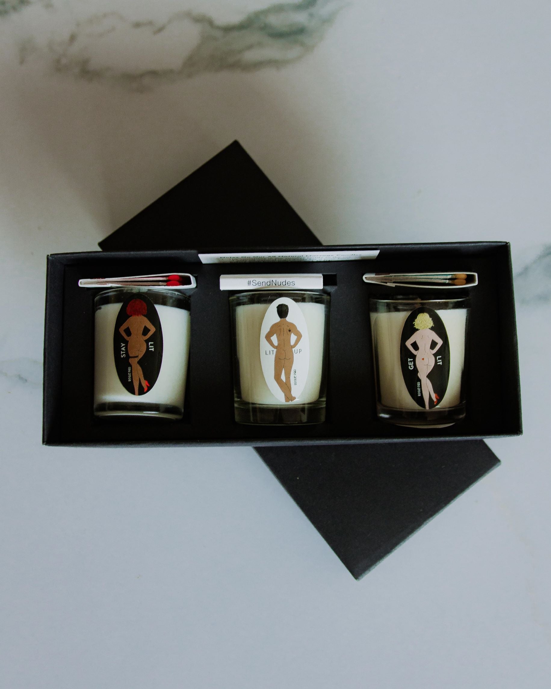 Cann-Canndle Gift Set: 3 SendNudes Organic Massage Votive Candles + 3 SendNudes Matchbooks