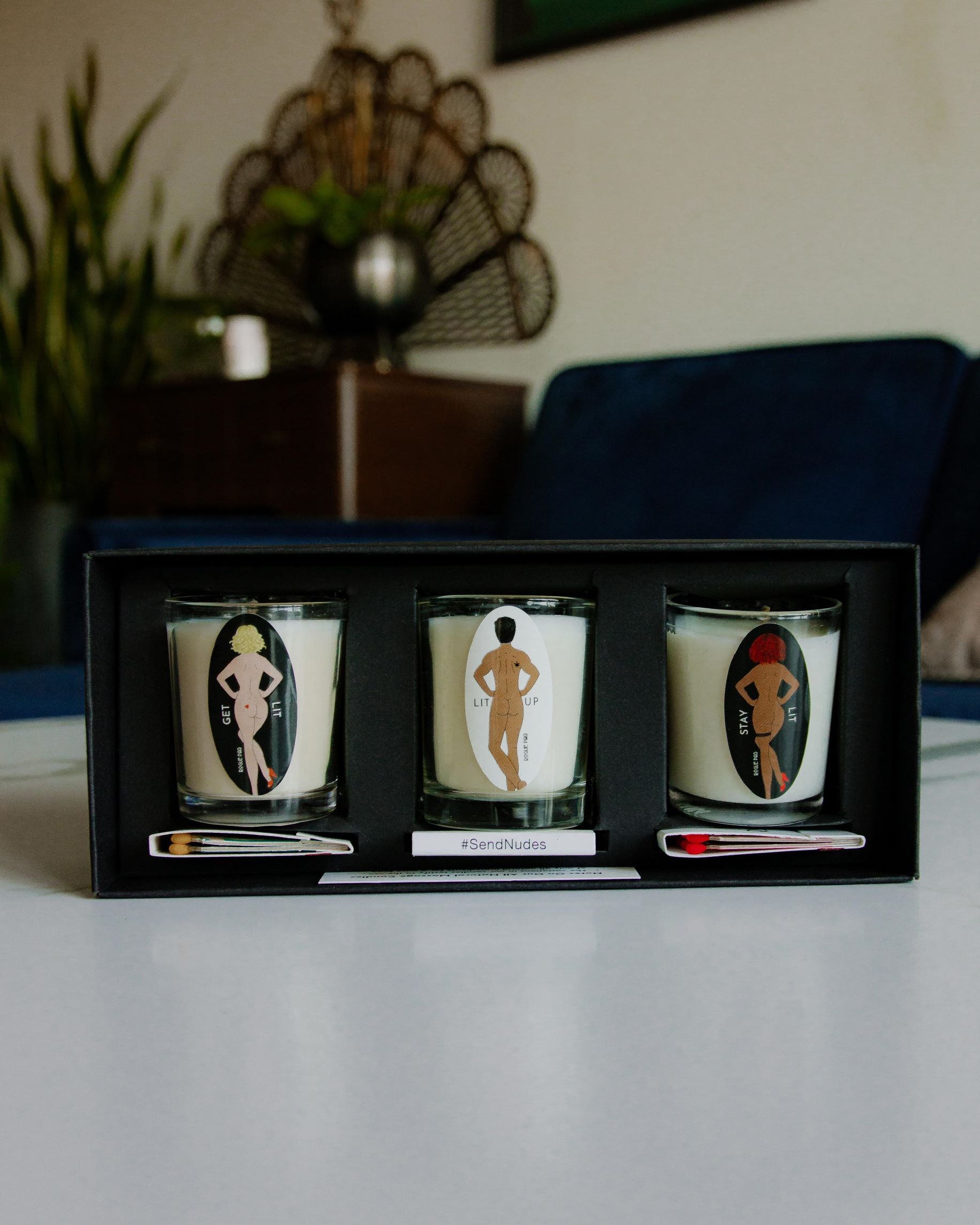Cann-Canndle Gift Set: 3 SendNudes Organic Massage Votive Candles + 3 SendNudes Matchbooks