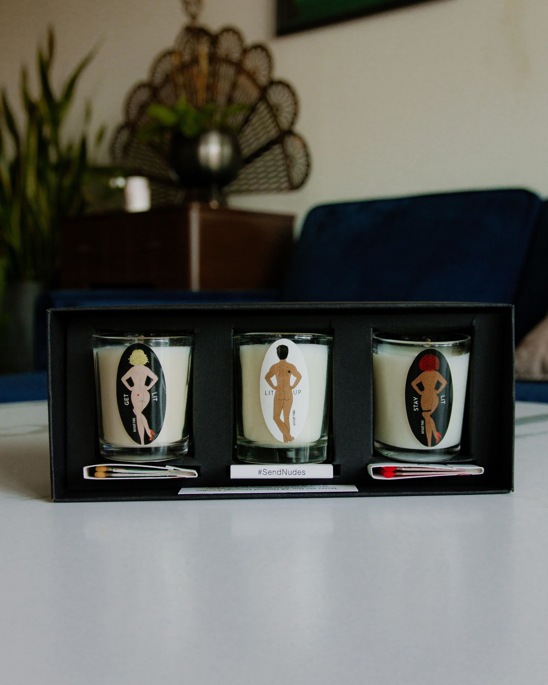 Rogue Paq Cann-Canndle Gift Set: 3 SendNudes Organic Hand Poured Massage Votives + 3 SendNudes Matchbooks