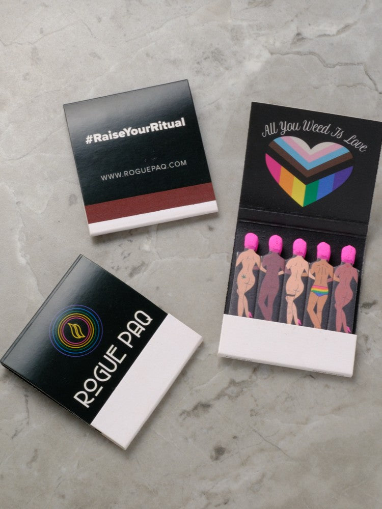 Rogue Paq SendNudes Matches: All You Weed Is Love (Pride) set of 3 premium matchbooks featuring vintage-style figures with inclusive body types celebrating pride in individuality and love for a joyful cannabis ritual.