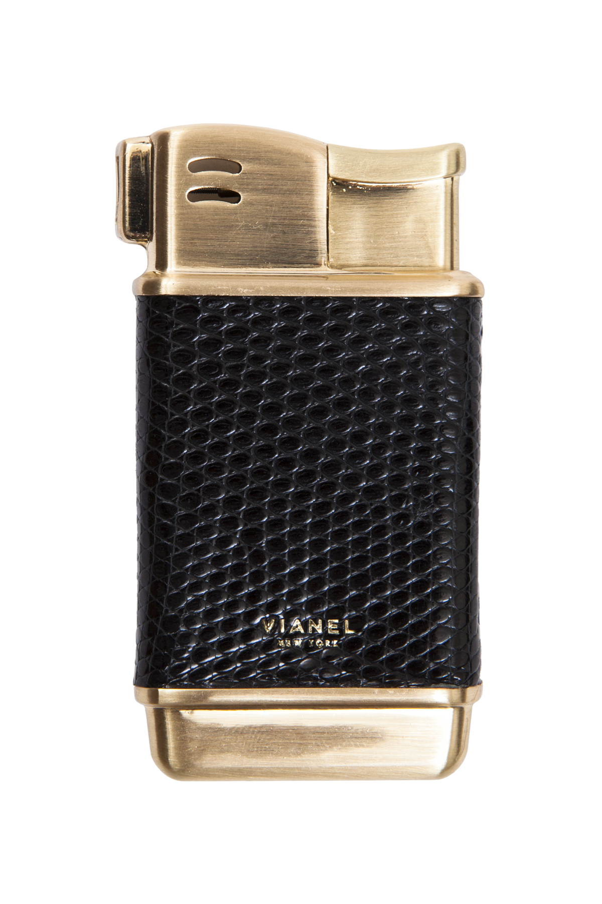 Rogue Paq x Vianel refillable butane lighter in chic black. This forever lighter features a gold-tone finish and high-quality skin, bringing an understated and chic aesthetic to the cannabis ritual.
