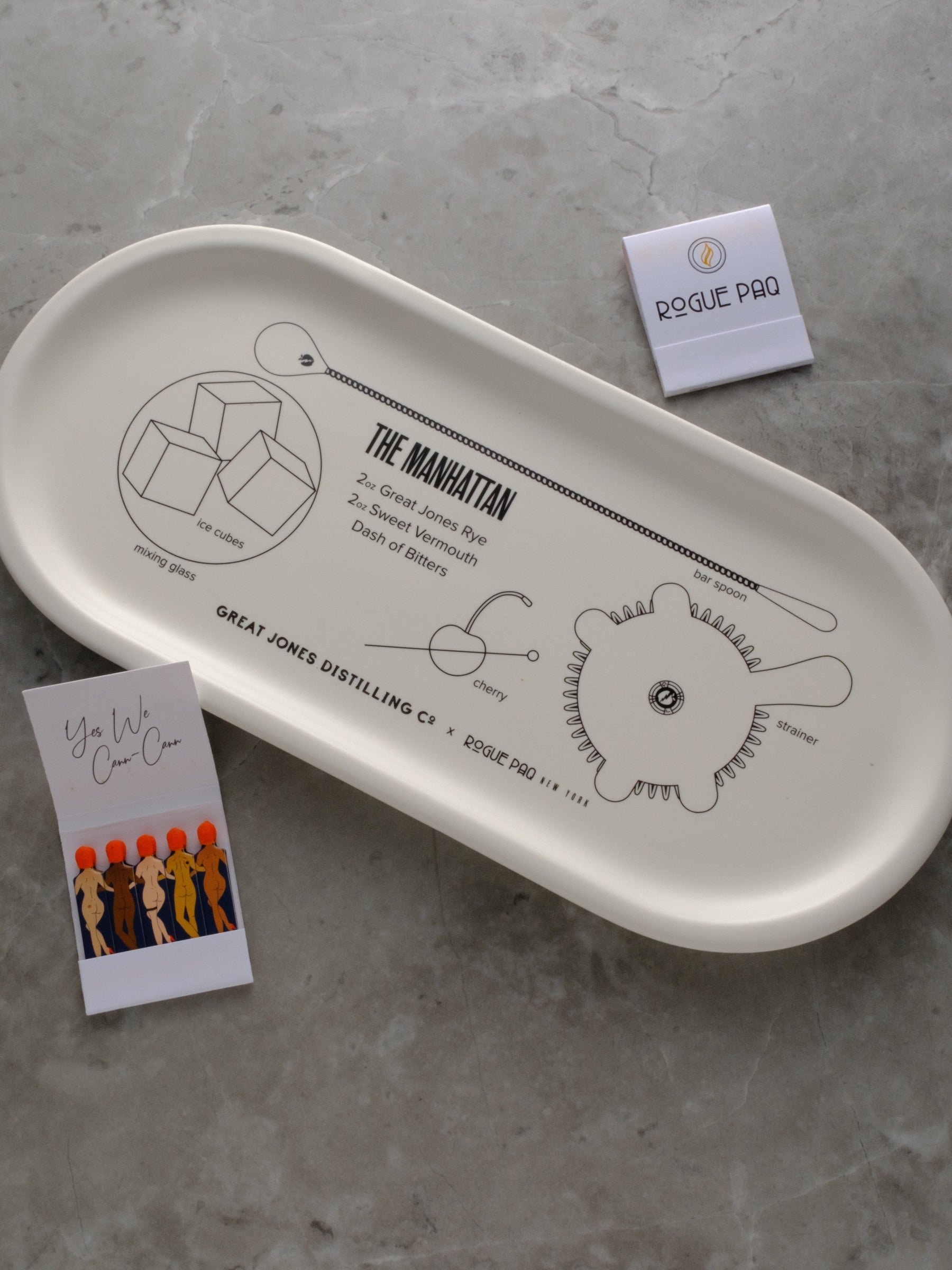 Beautiful porcelain valet tray created to display how to make a perfect Manhattan cocktail.  Styled with matches.