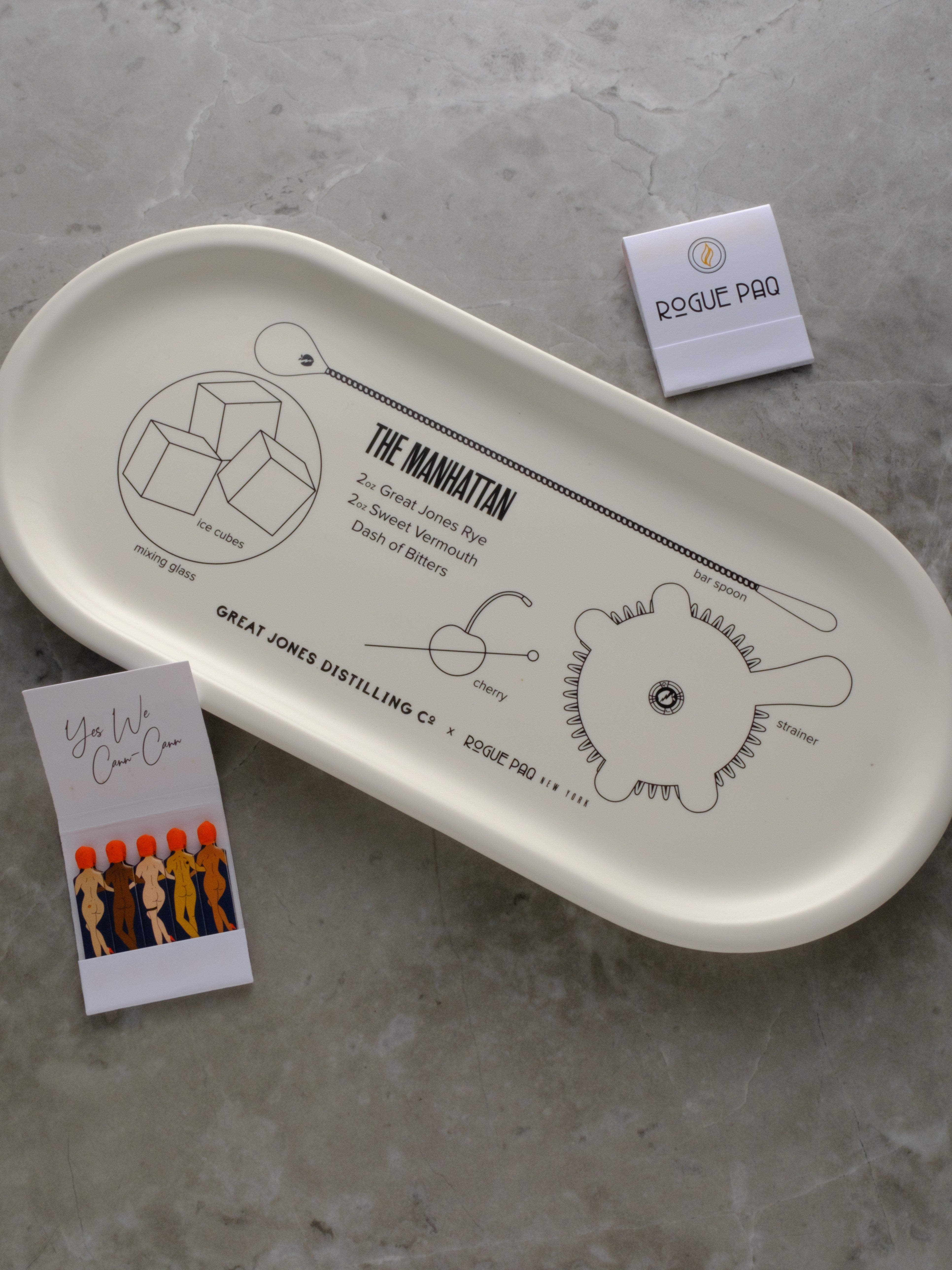 Beautiful porcelain valet tray created to display how to make a perfect Manhattan cocktail.  Styled with matches.