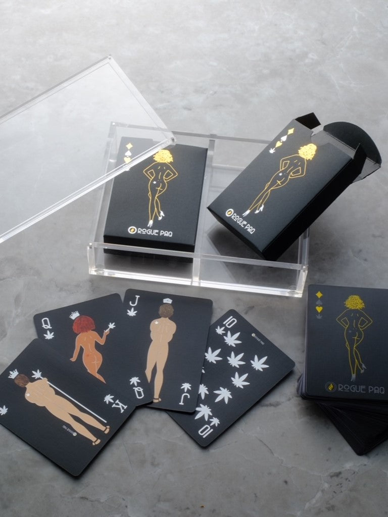 Rogue Paq Get Lucky Gift Set featuring two decks of SendNudes playing cards housed in a custom acrylic display box with magnetic lid; a luxury game night centerpiece