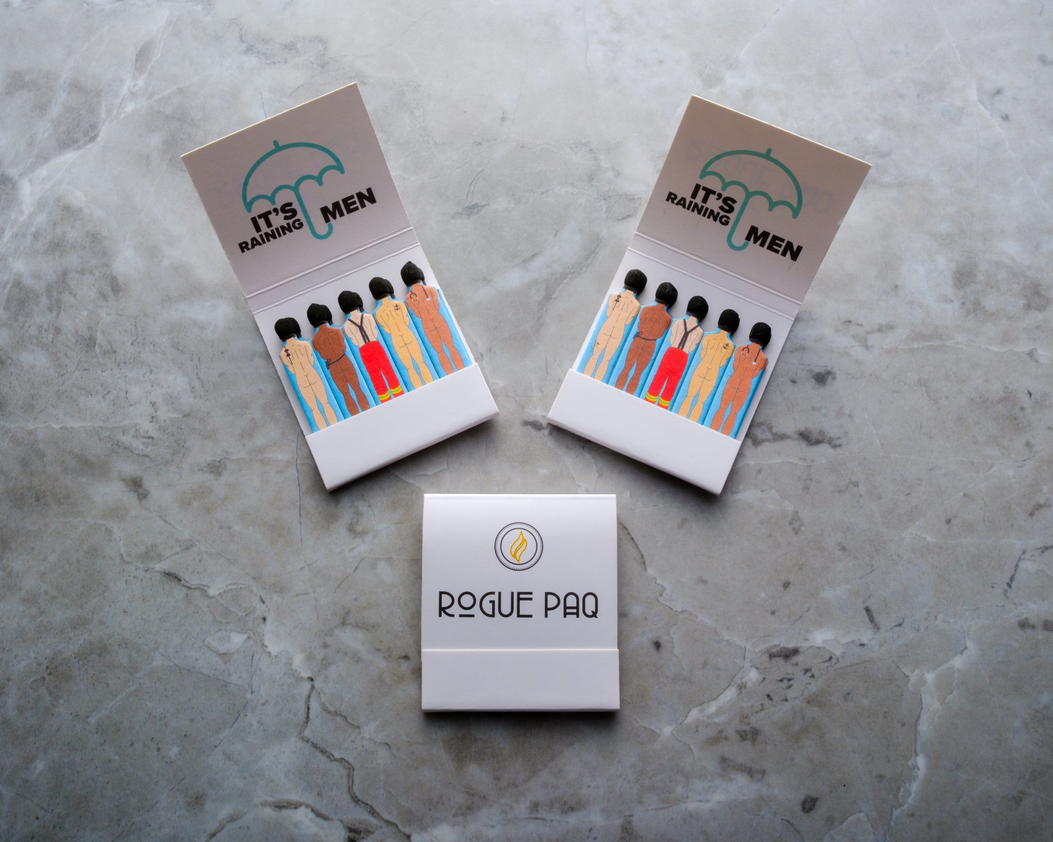 Rogue Paq SendNudes Matches: Send Dudes set of 3 premium matchbooks featuring vintage-style male figures—including firemen, sailors, and doctors—for a playful and unique cannabis ritual