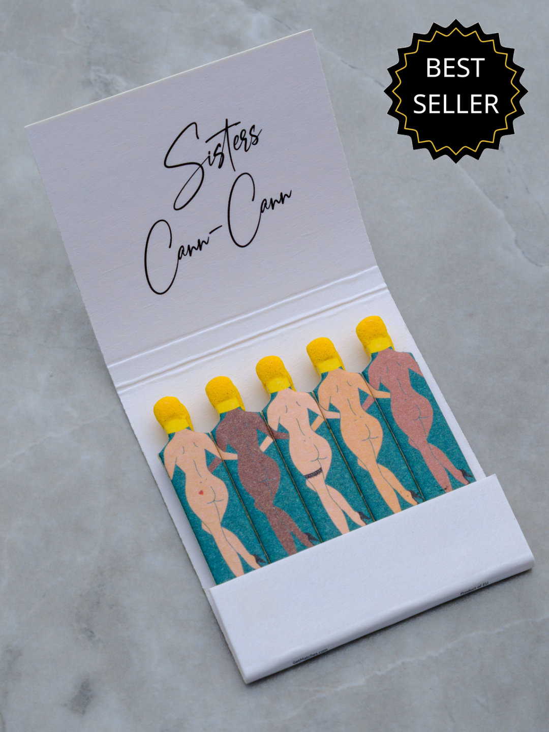 Rogue Paq SendNudes luxury matchbooks featuring vintage pin-up style can can dancers in inclusive skin tones, a set of 3 designer match packs for a playful and elegant gift addition.