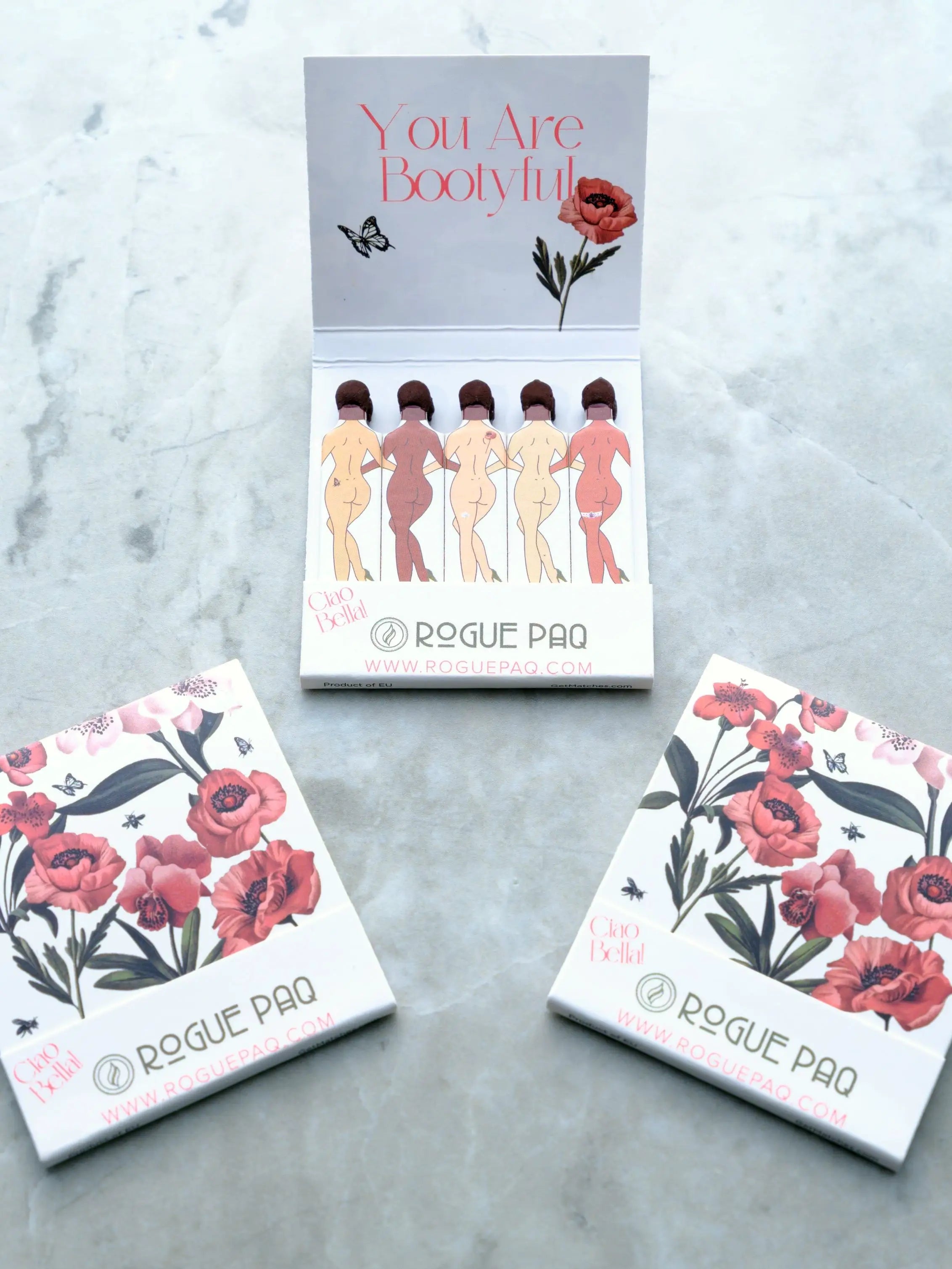 Rogue Paq SendNudes Matches: You Are Bootyfyl are best quality matchbooks featuring vintage-style pin-up dancers with inclusive skin tones for a charming and inclusive cannabis ritual