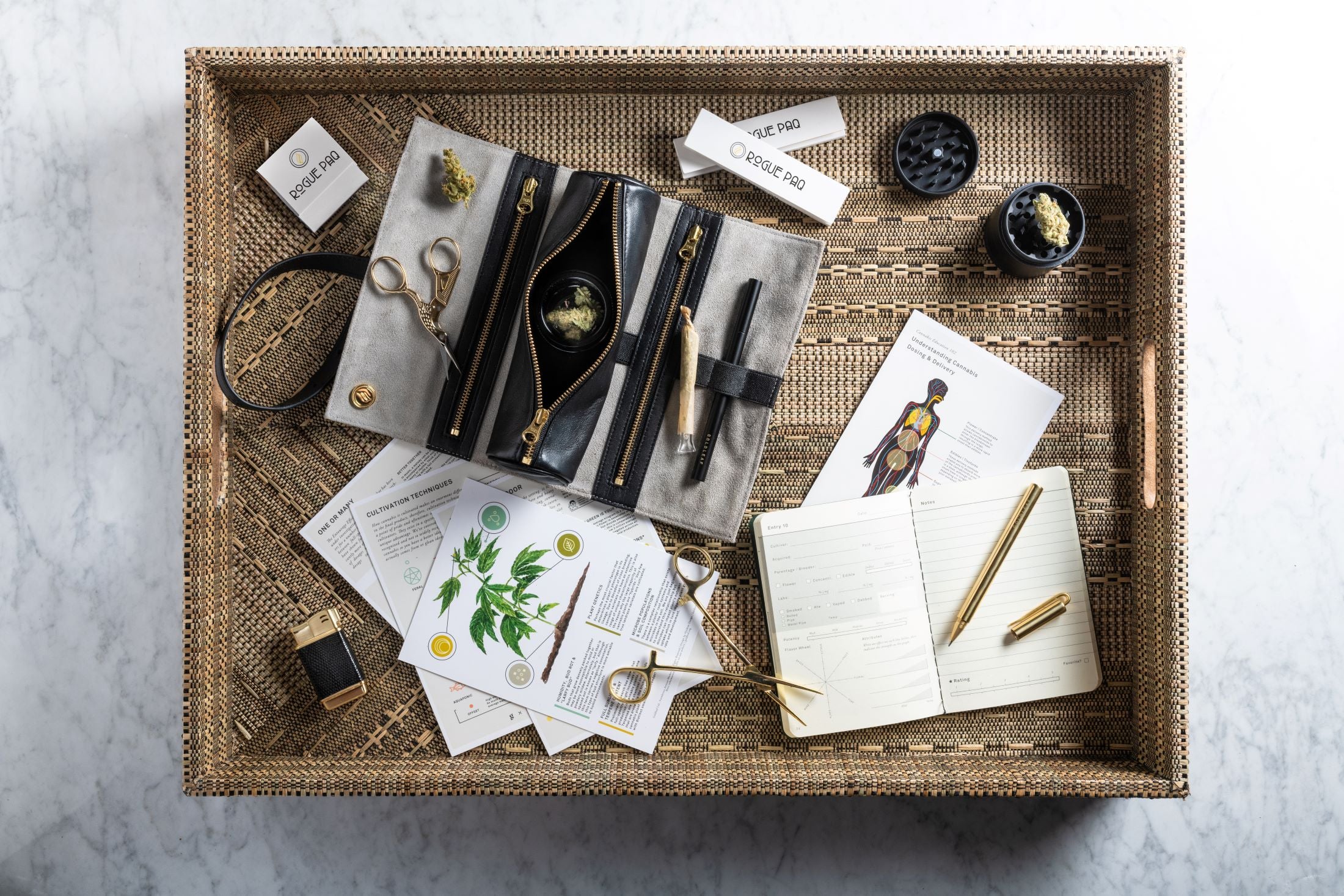 Complete collection of Rogue Paq accessories including SendNudes matches, rolling papers, and grease pencil; the 'presidential suite' of smoking accessories for the modern connoisseur