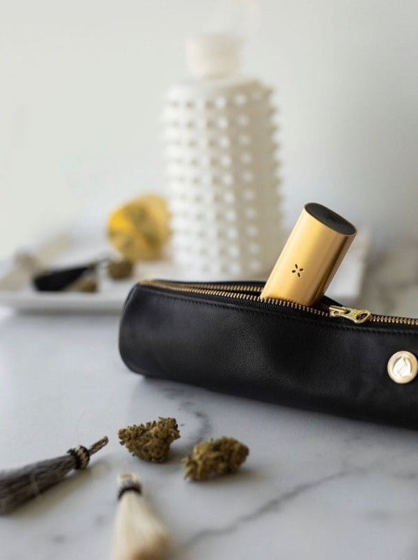 Rogue Paq Black Leather Cannabis Case with Gold Lighter