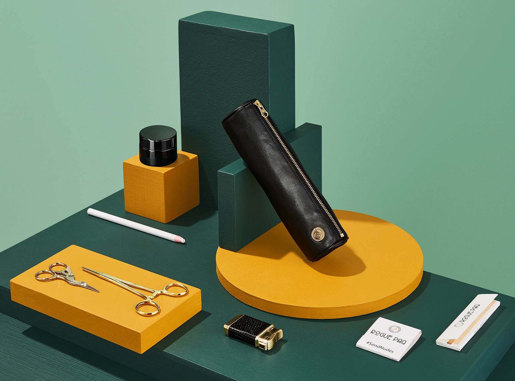 Complete Mini Ritual Gift Set laid out with closed leather Solo Paq case and gold accessories; the perfect starter kit for the refined cannabis enthusiast